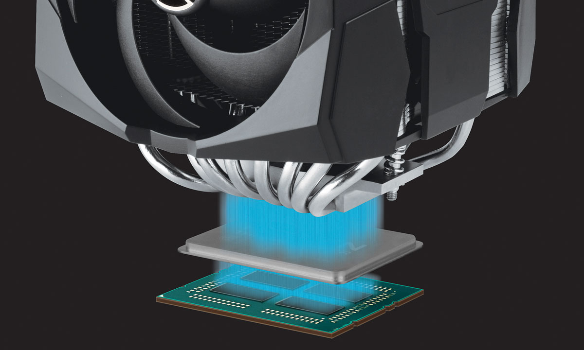   Illustration showing the base plate contacting the Integrated Heat Spreader (IHS) of processors 